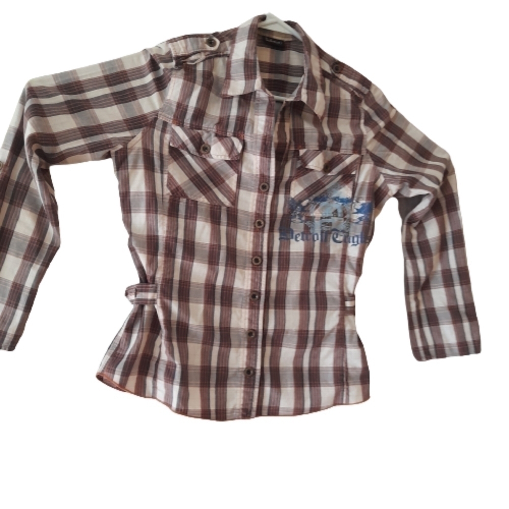 Seduction Western plaid womens button up Large long sleeves brown white